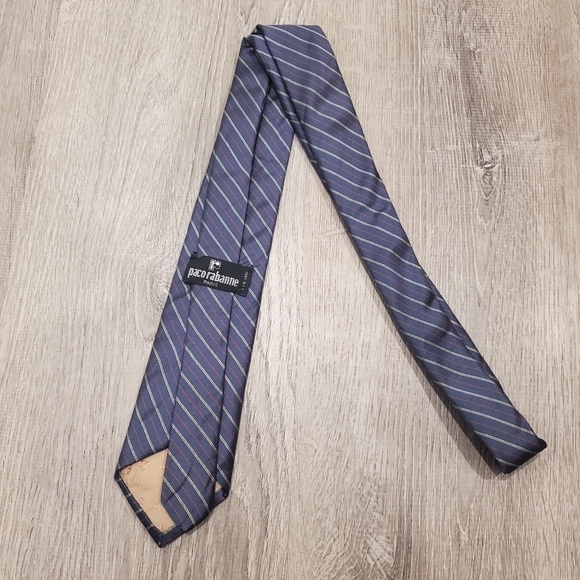 Paco Rabanne Stripped Blue Tie 100% Silk 3" Wide - Picture 3 of 4